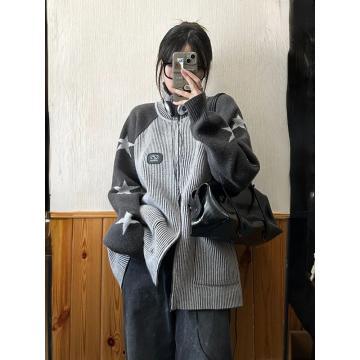 패치워크 패턴 스타 가디건, 한국 빈티지 O넥 Y2k 의류, 패션 미적인 지퍼, 여성 더블 겨울 스웨터,