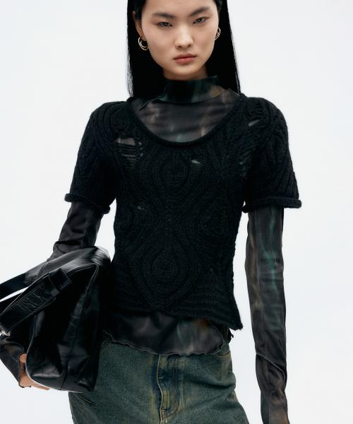 CAP SLEEVE SWEATER LAYERED TOP atb1352w(BLACK)