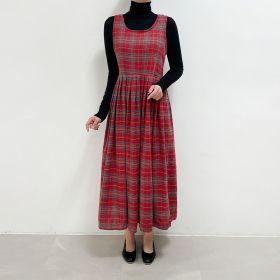 미즈큐즈 / 뒷리본 체크 모직 민소매 뷔스티에 셔링 플레어 롱 원