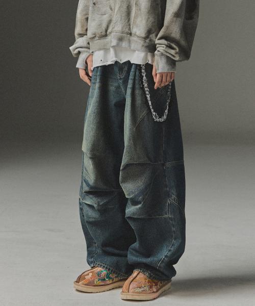 Multi Panel Dart Curved Denim Pants - Deep Blue