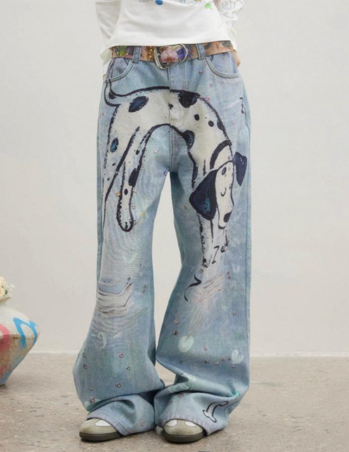 eeeeArtmonster 달마시안 프린트 스트레이트 데님 팬츠 (블루)