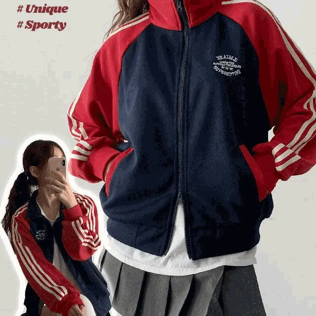 🚀당일출고🚀 🖤복고풍/아방해🖤 캐주얼 투웨이 라인 배색 집업 2color (기본템 교복 데일리 빈티지 레터링 배색 스트라이프 투웨이 대학 동아리 캠퍼스 단체복) HI~192