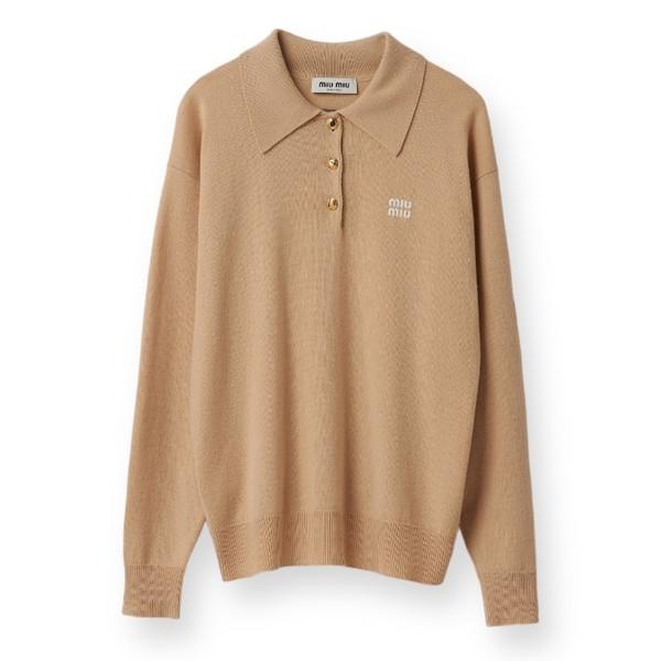 miu mi* gold button logo oversized knit (beige/grey)