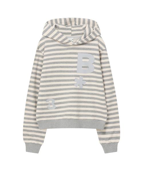 B logo 슬림핏 후드 티셔츠 [스트라이프 그레이]