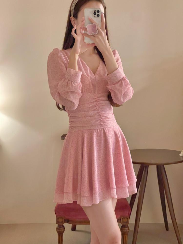 핑크미니원피스 플라워쉬폰원피스 셔링원피스 베리