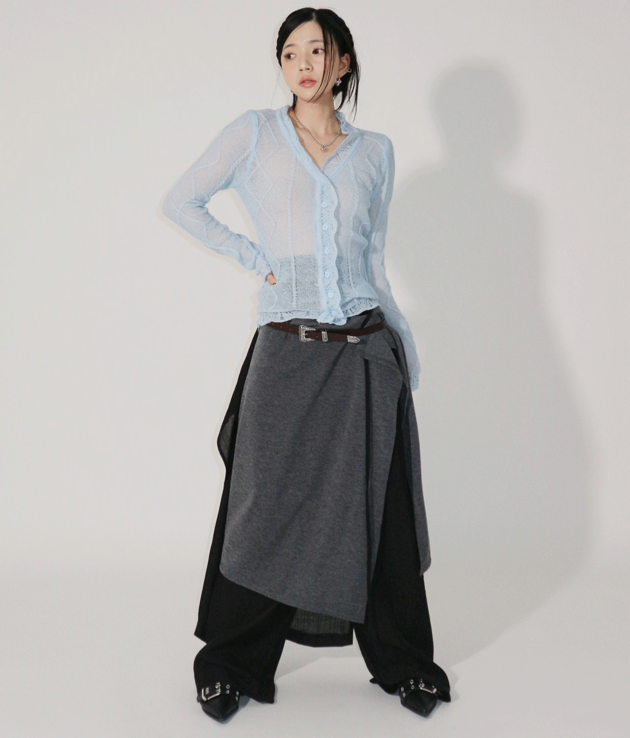 스퀘어 레이어드 단추 디테일 랩 스커트