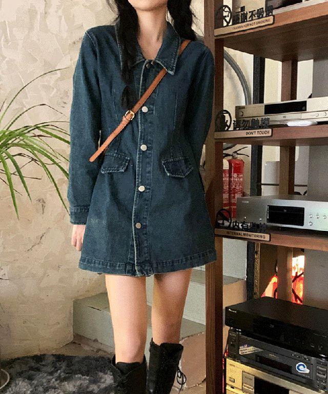 리토 카라 포켓 데님 미니 원피스