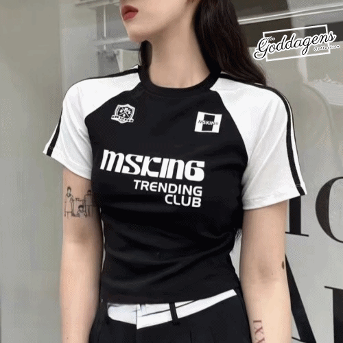 [23'신상🔥크롭티셔츠🚀] 블록코어룩의 필템 나그랑 래글런 스포츠유니폼 크롭티 흰티 세미크롭티 배꼽티 여성 여자 여름 레터링 카라넥 쿨 배색 반팔 크롭티셔츠