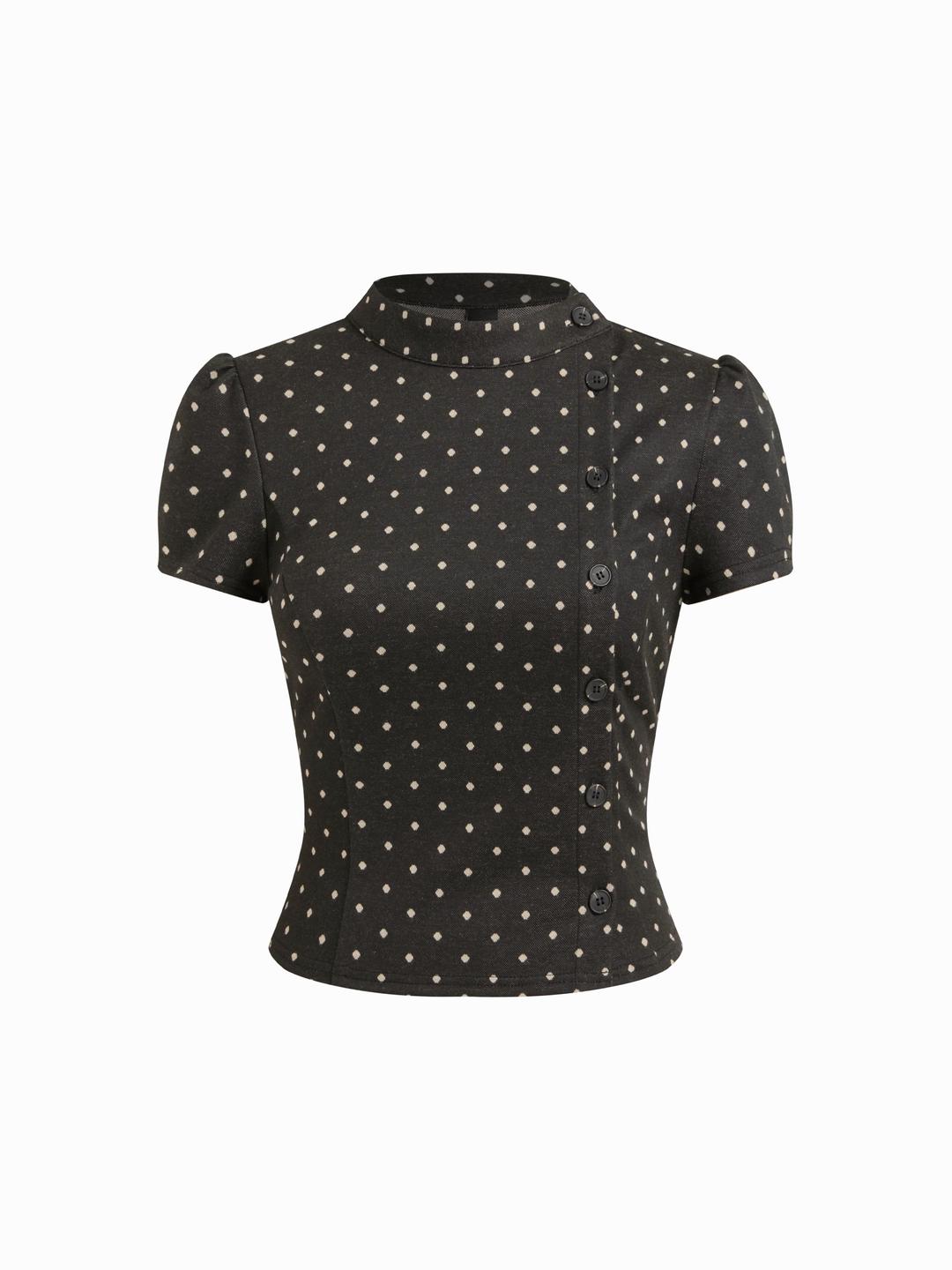 Jacquard Stand Collar Polka Dot Button Short Puff Sleeve Blouse