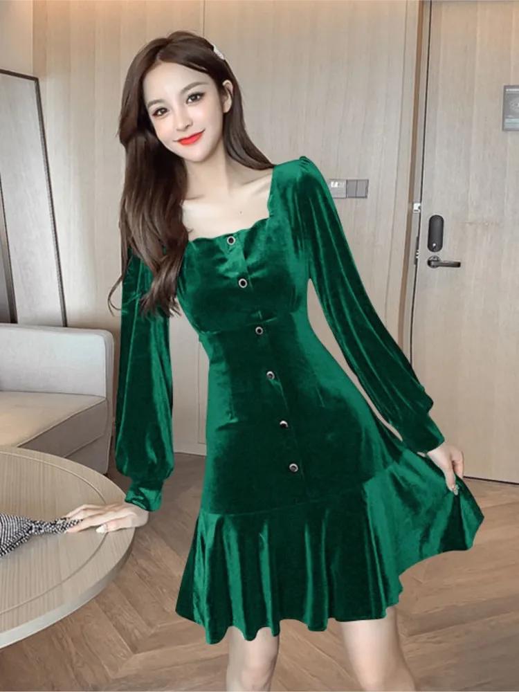 여성용 긴 소매 스퀘어 칼라 섹시한 그린 벨벳 드레스, 우아한 하이 웨이스트 슬림 숏 드레스, 레이디 단추 플리츠 미니 드레스, 겨울