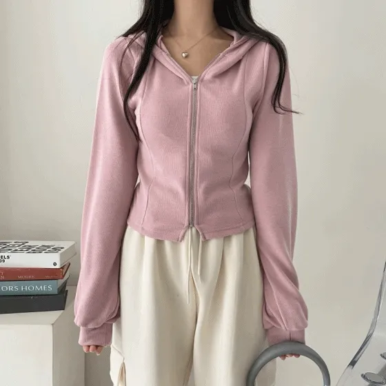 기모 안감 절개 슬림 크롭 후드 집업