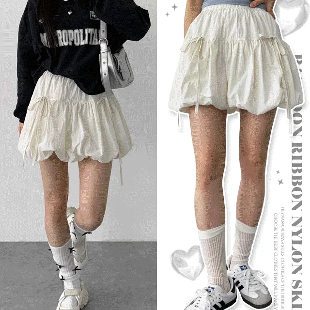 [속바지O/호박벌룬~바스락나일론스커트!가볍게입는 리본 포인트볼륨스커트] 벌룬리본나일론스커트