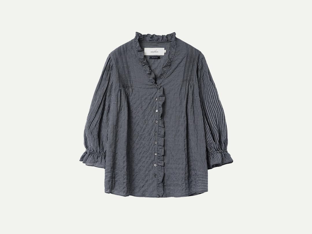 Via Victoria frill check blouse (Navy check)