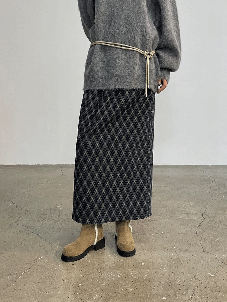 케블 밴딩 체크 모직롱스커트