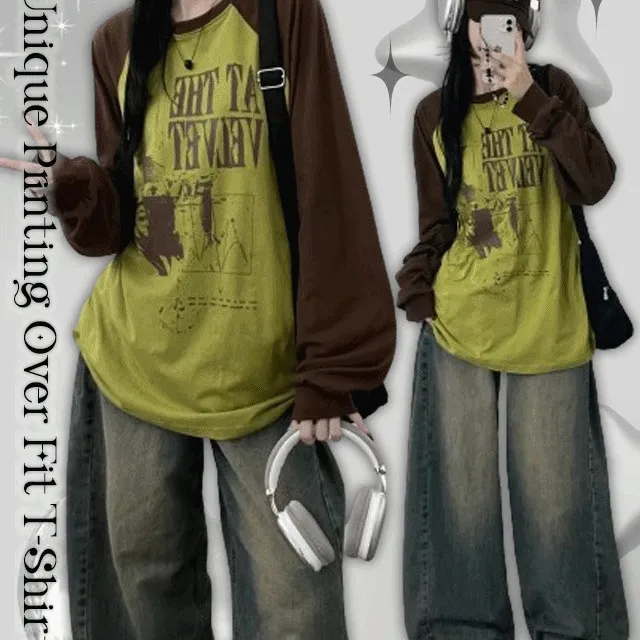 [데일리힙/박스핏!]엣더프린팅배색나그랑오버핏맨투맨긴팔티(4color)
