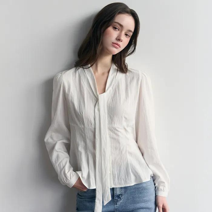 브이넥 플리츠 타이 블라우스 (화이트)