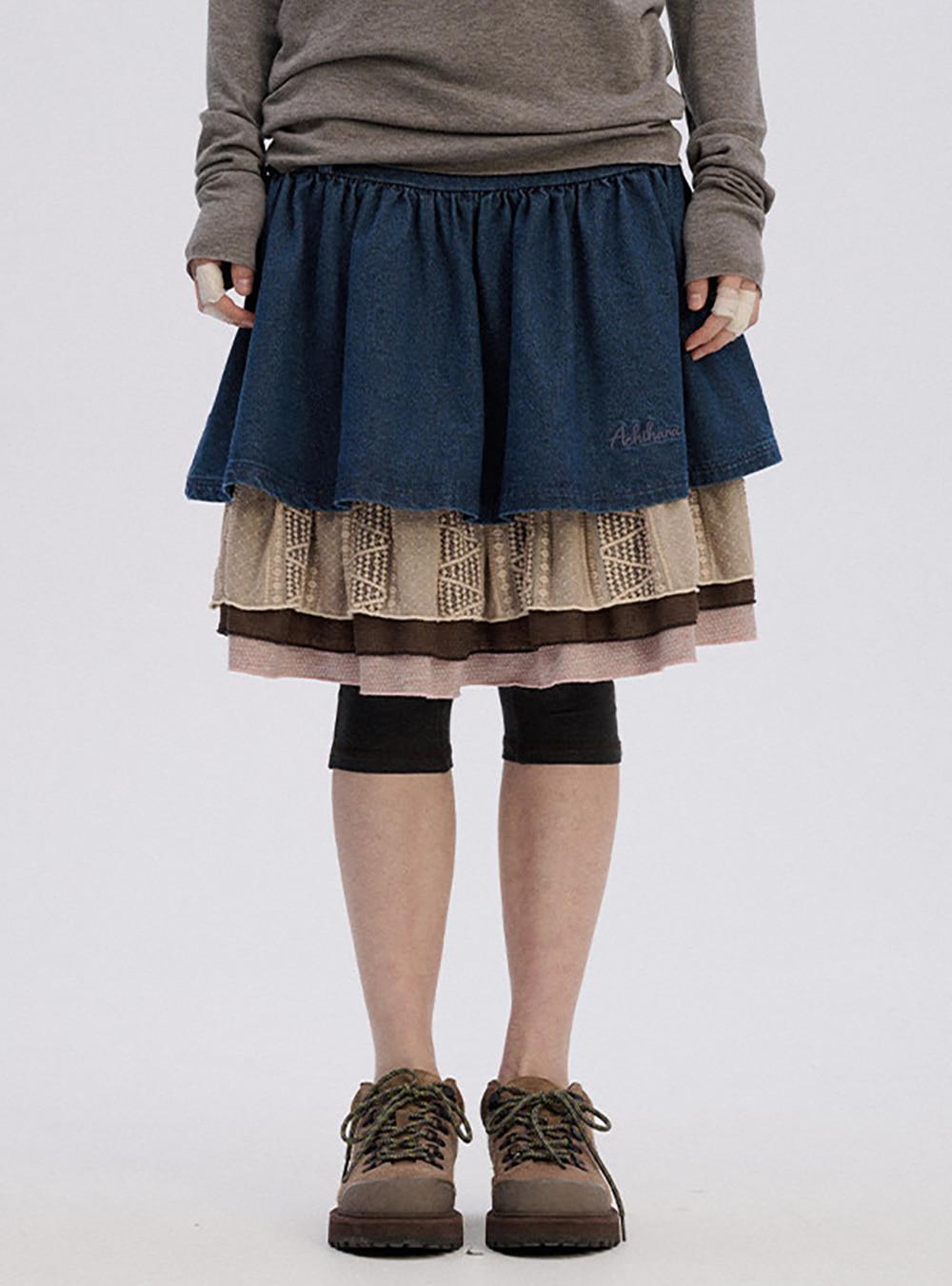 Denim Lace Layered Skirt