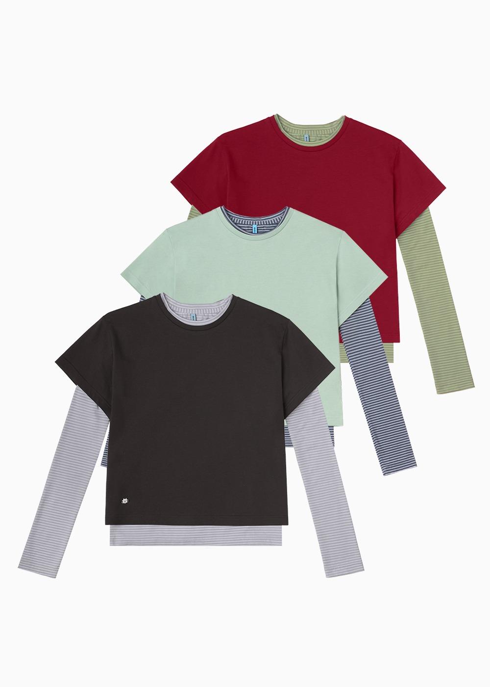 [SET] 스트라이프 롱 슬리브 & 실켓 코튼 반팔 티셔츠 (3color)