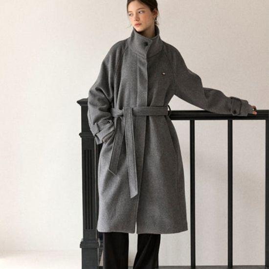 High-Neck Belted Raglan Wool Coat - Charcoal [H25WT-OT09-CHA]