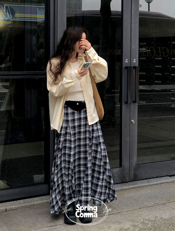 스프링콤마 [MADE][국내제작][당일] 마데라 체크플레어롱스커트 (겉기모) (단독주문만 당일 출고 가능!)
