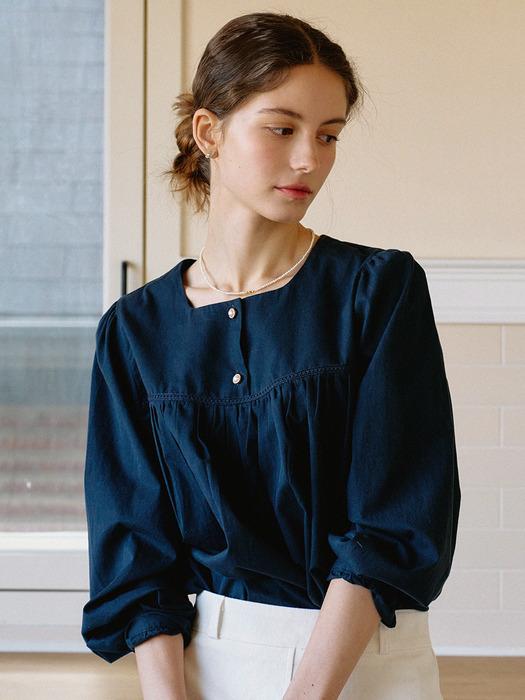 Shirring Square Neck Blouse_Dark Navy