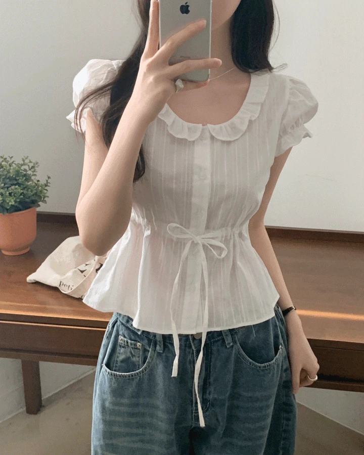 [데이트룩/봄신상🤍] 위시 리본 셔링 펀칭 퍼프 반팔블라우스 - 4color