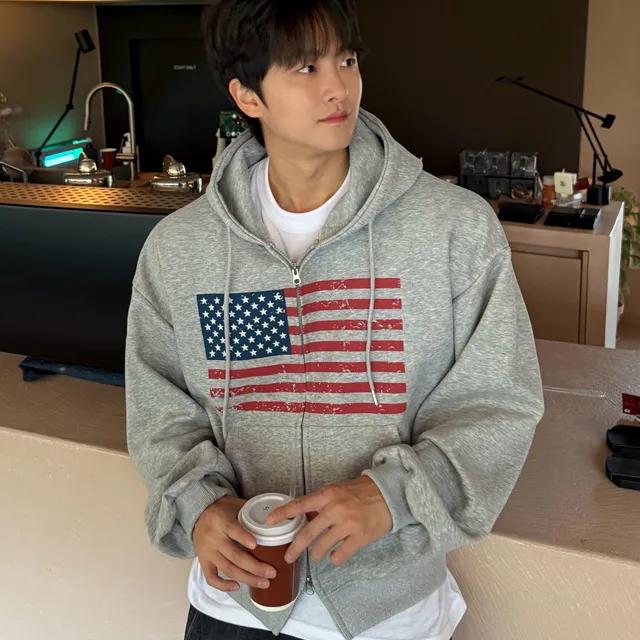 [단독] [최저가] [이중지] USA 성조기 투웨이 오버핏 후드 집업 후드집업 프린팅 가을 겨울 봄 후드티 루즈핏 가을집업 겨울집업