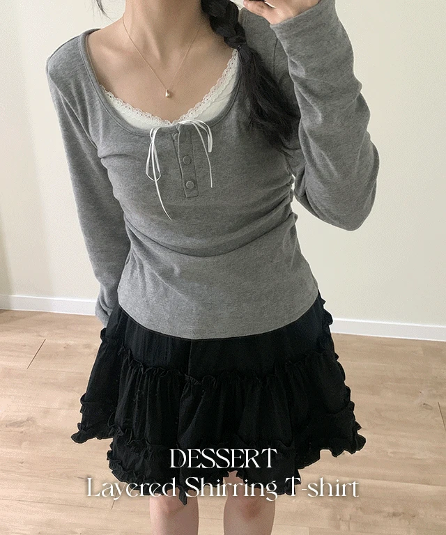 [1+1할인/몸매보정🩰] 디저트 레이스 리본 레이어드 셔링 버튼 티셔츠 - 4color