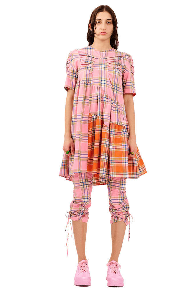 PINK-ORANGE PLAID ARC MIDI DRESS - XSMALL