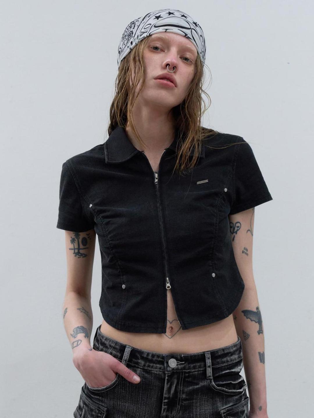 WASHING SHIRRING ZIP UP SHIRT [CHARCOAL]