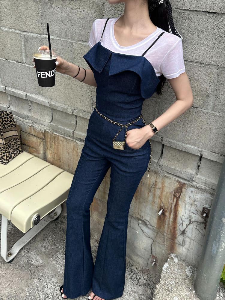 (당일발송/단독사이즈진행)제노바 데님 부츠컷 점프수트 2col 오프숄더 스트랩 오버롤 끈 진청 흑청 뷔스티에 스판
