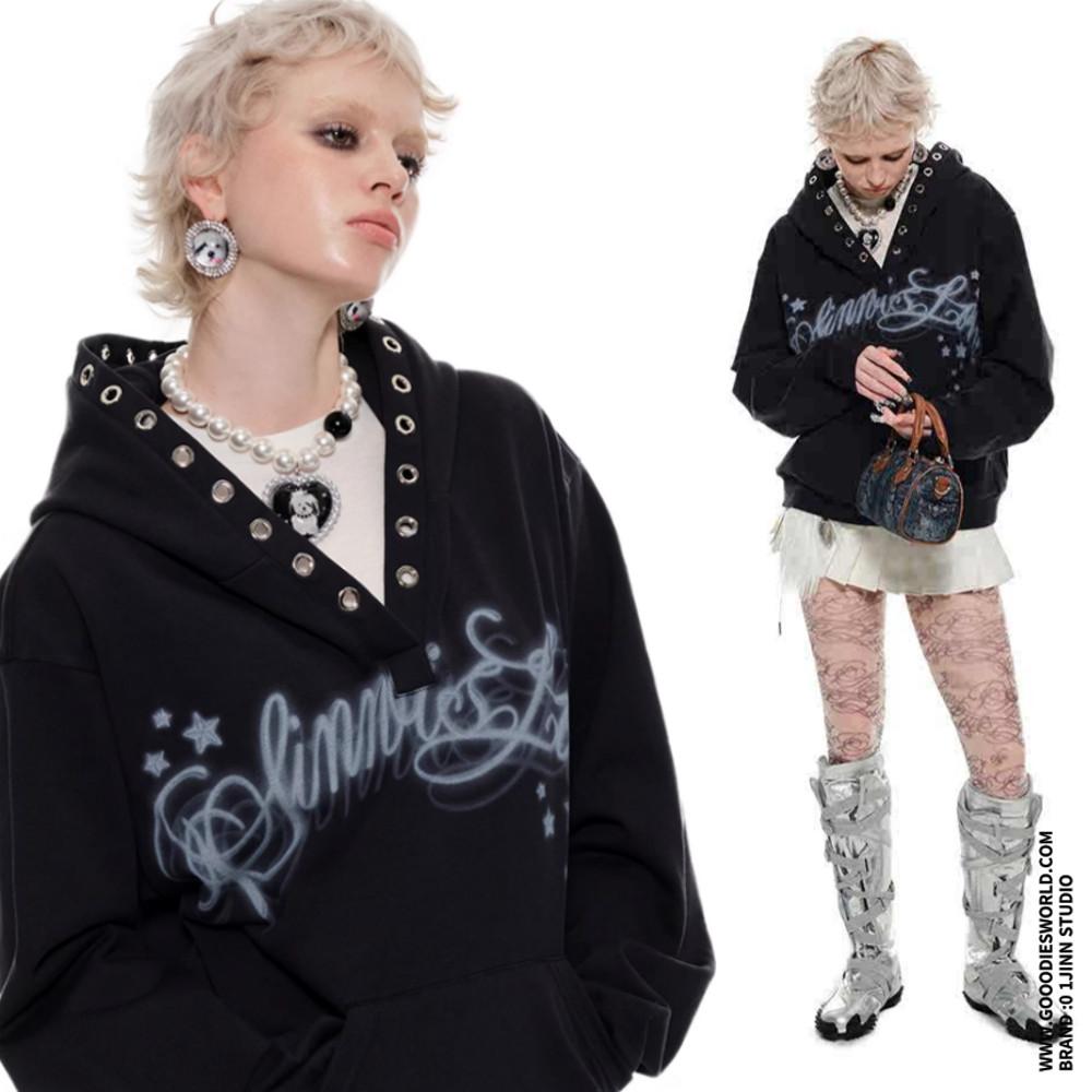 1JINN STUDIO 원진스튜디오 후드티 스웨트셔츠 아일렛 프린팅 루즈핏 티셔츠