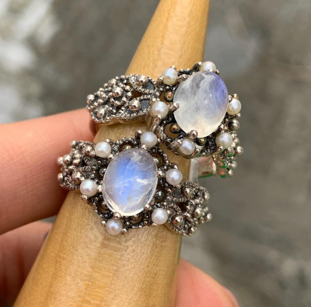 rainbow moonstone & seed pearl ring