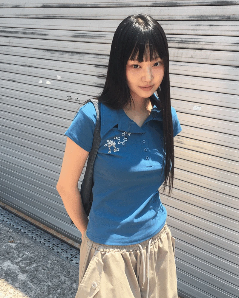 데본 스타 프린팅 카라 반팔 티셔츠