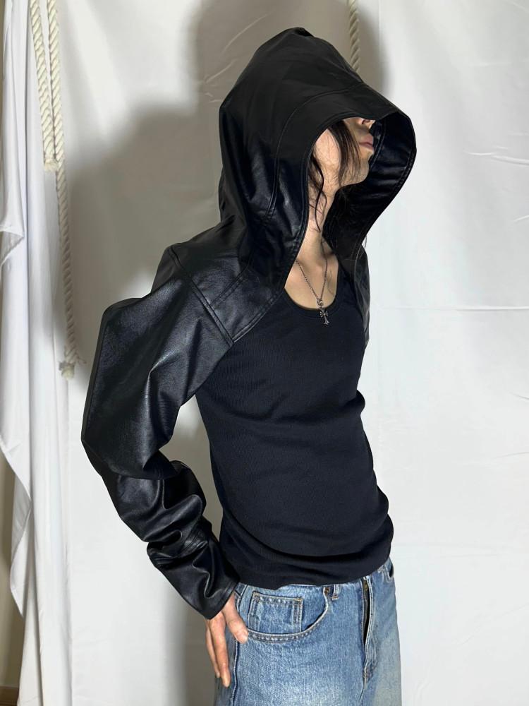 hoody leather bolero 볼레로 후드볼레로 가죽볼레로 레더 남녀공용