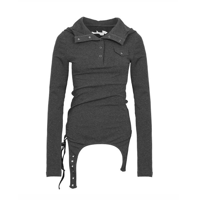 Garter Hooded Henley Top Gray