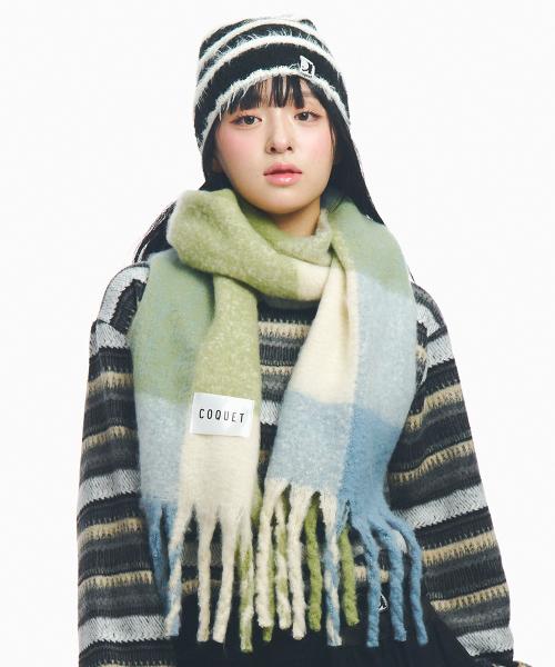 FRINGED BRUSHED CHECK LONG MUFFLER OLIVE GREEN