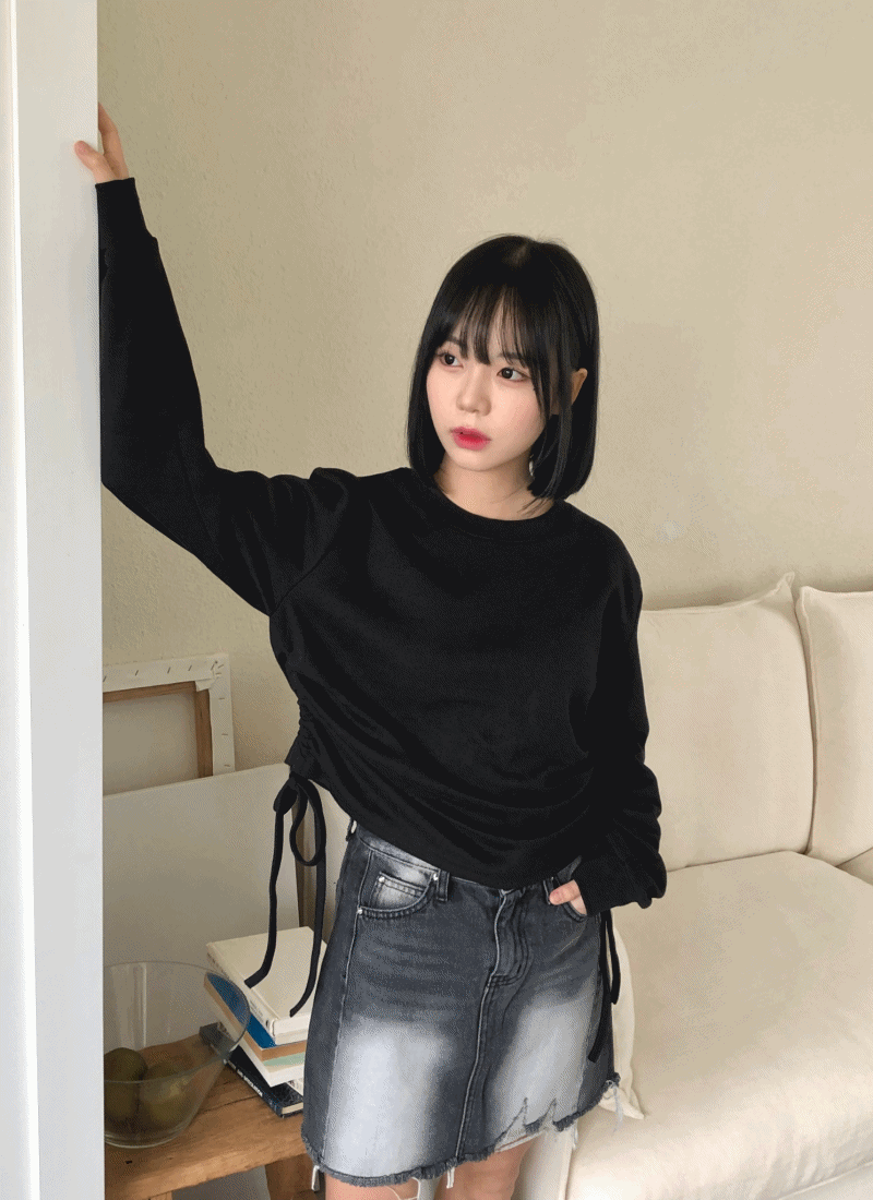 Chester MTM 체스터 리본 셔링 스트링 크롭 맨투맨 티셔츠