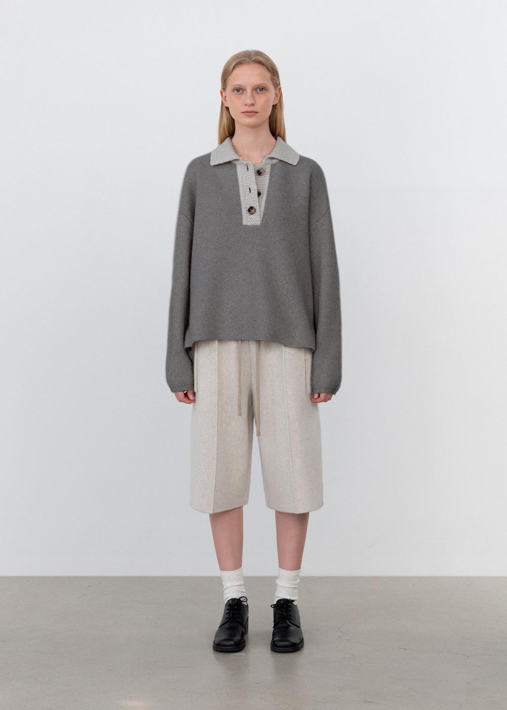Blue fox hand stitch collared pullover_Heather Grey