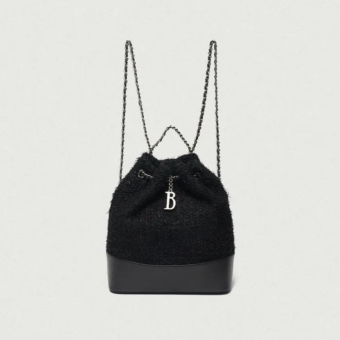 Tweed Drawstring Chain Backpack_Black