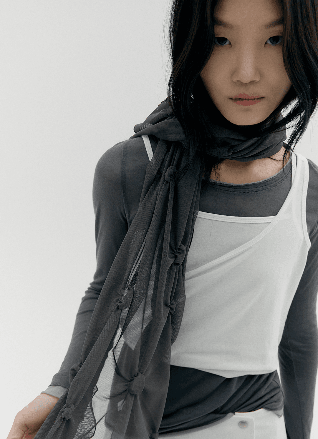 MESH DOT SHIRRED SCARF, CHARCOAL