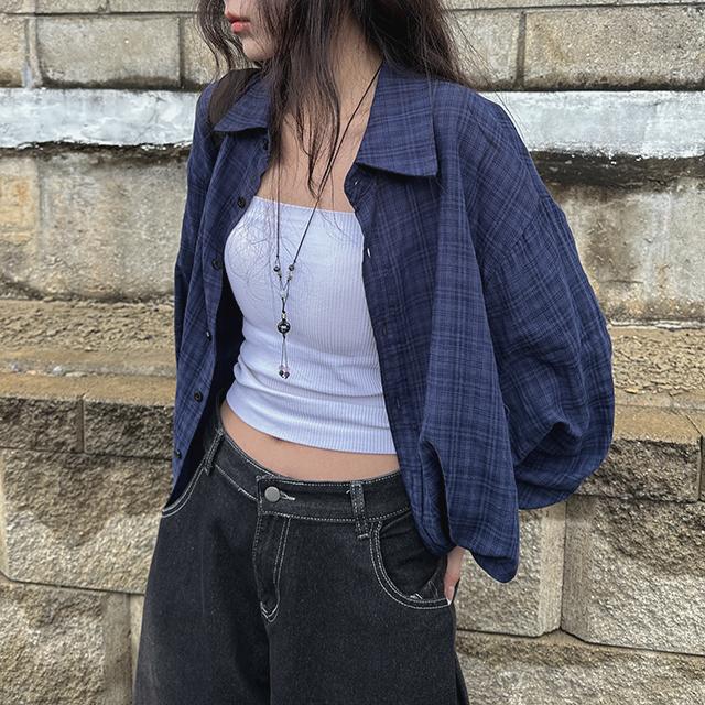 라이니 루즈핏 네이비 체크 셔츠 to-2220c