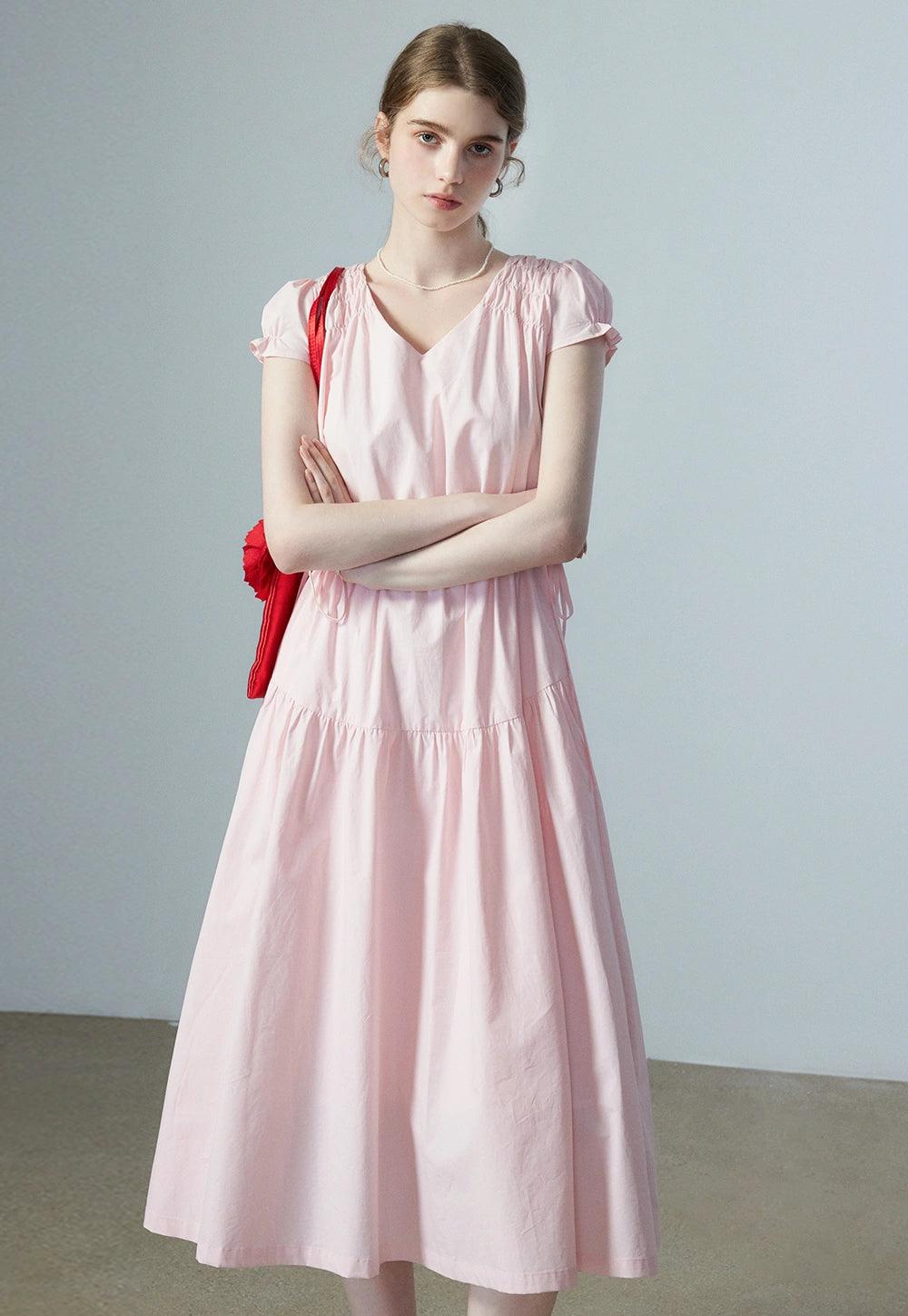 Women's Light Pink Drawstring Waist Dress