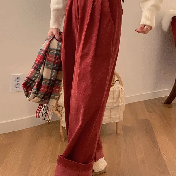 (3color)컬러드 버클 빈티지 와이드 코듀로이 겨울 팬츠