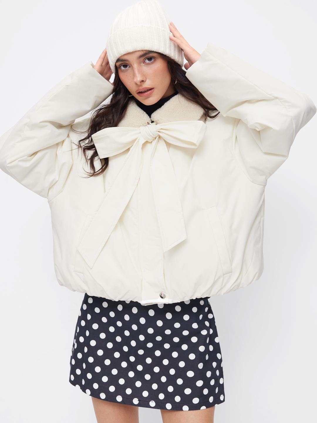 Collar Bowknot Zip Through Oversized Cropped Puffer