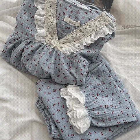 블루 체리 레이스 잠옷 세트 리본 데일리 홈웨어 사계절 봄 꽃 요정 플라워 수면 파자마 여름 가을  카라 빅사이즈 수면바지 홈파티 여행 공주 일본 키치 y2k 투피스 선물 코튼 면