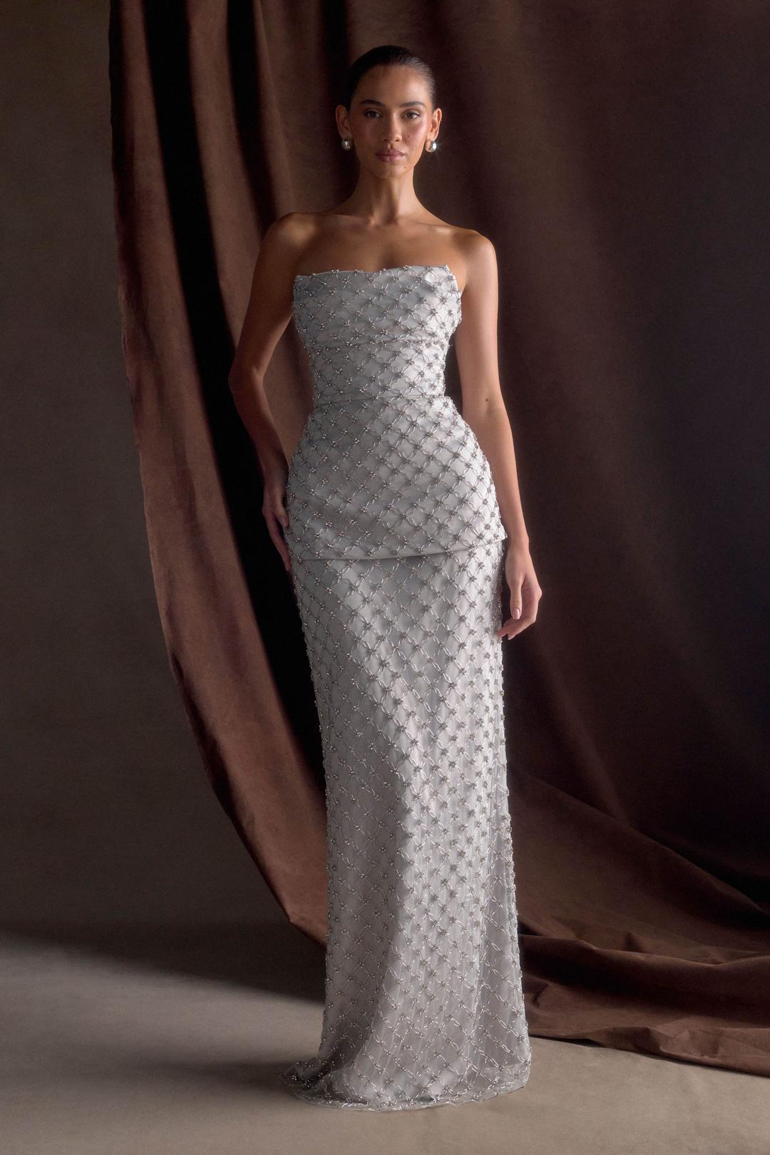 Zuri Hand Beaded Embellished Maxi Skirt - Silver - XS