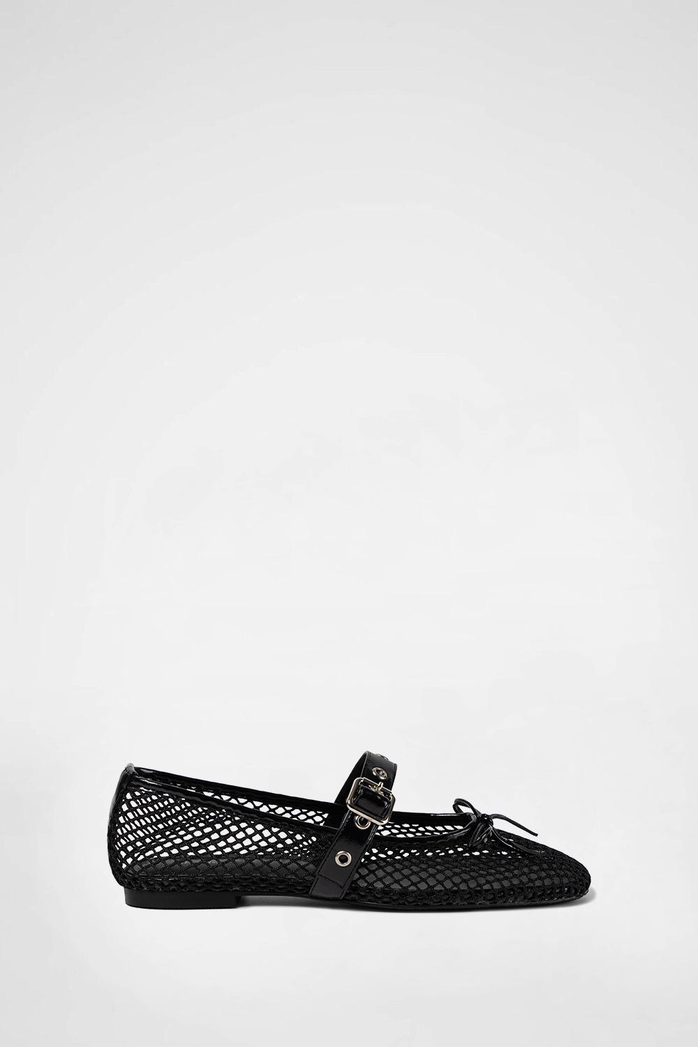 MESH BUCKLE STRAP BALLERINA FLAT / BLACK