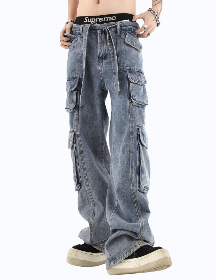 라이트블루 스트랩 멀티포켓 데님팬츠