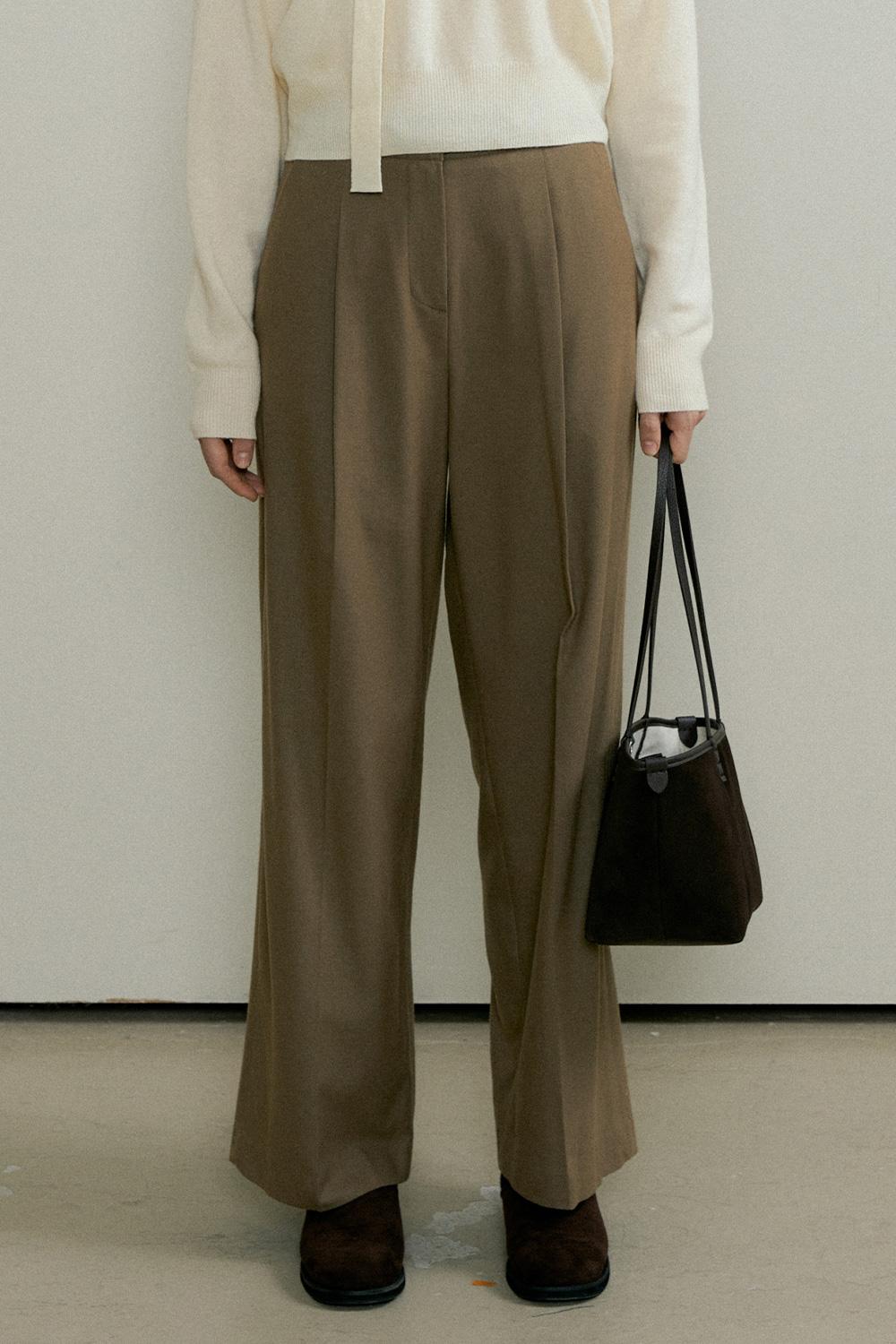 WOOL TUCK BELT POINT SLACKS - Khaki Brown